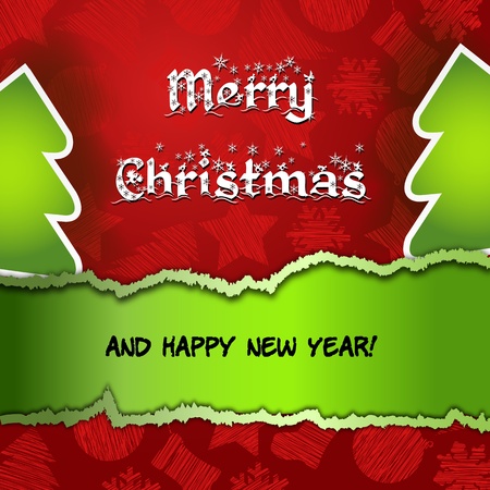 Red Merry Christmas Card with green Xmas Tree  Red Merry Xmas card with the Tree Icon, and copyspace with an hand written wish text on a nice torn paper background のイラスト素材