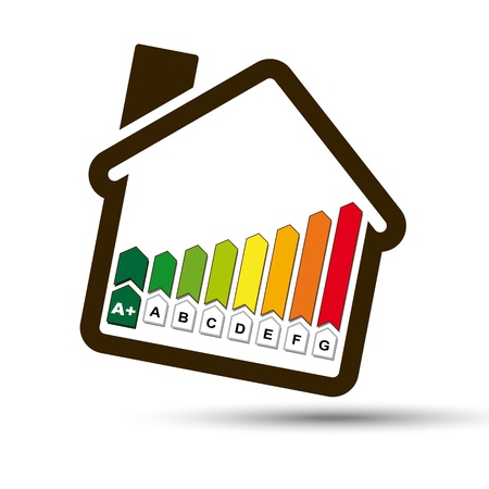 Eco House with Energetic Classes Histogram symbol   Ecological Home, with Energy Class Icon for sustainable ecological systemのイラスト素材
