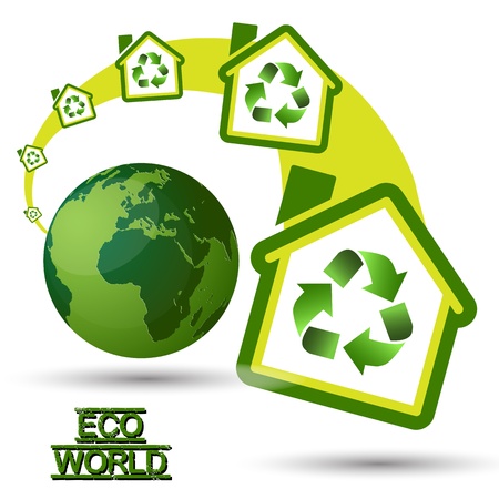 Green Eco House with recycling symbol from Green World  Green Home, with recycling icon for sustainable ecological system, growing out from a Green Eco Worldのイラスト素材