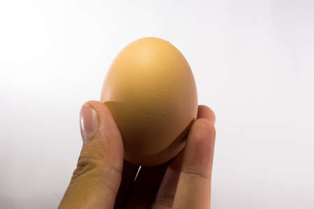 Hand holding yellow egg on white background