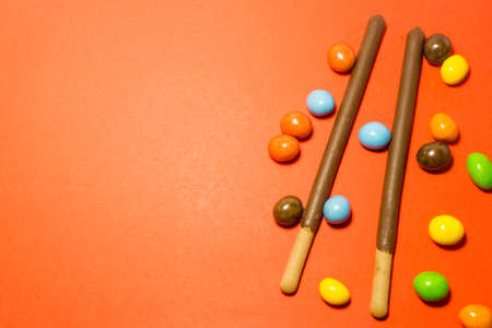 Stack of dessert snack on pink backgroundの写真素材