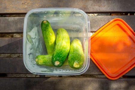 Fresh Cucumbers in Plastic Topless on Wooden Backgroundの写真素材