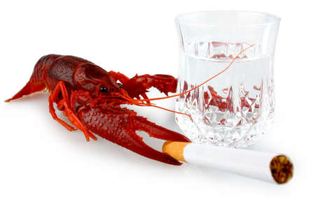 Red Crayfish with cigarette and alcohol, health concept, isolatedの写真素材