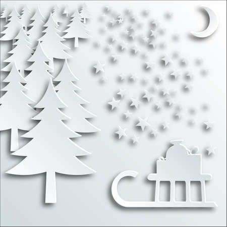 Abstract Christmas tree, sleigh with gifts, stars and crescent on white paper, vectorのイラスト素材