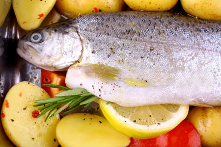 Marinated whole rainbow trout with red pepper, potato and lemon, top viewの写真素材