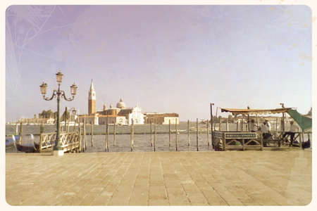 Retro postcard, sailors and two gondola pier, Illustrationの写真素材