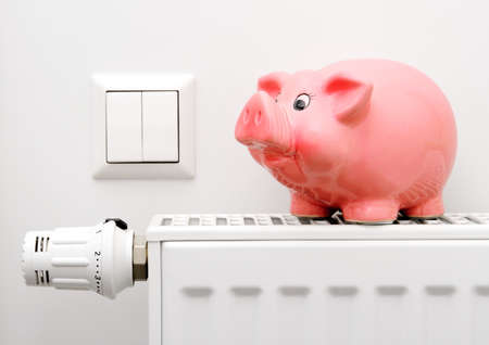 Pink piggy bank saving electricity and heating costs, close upの写真素材