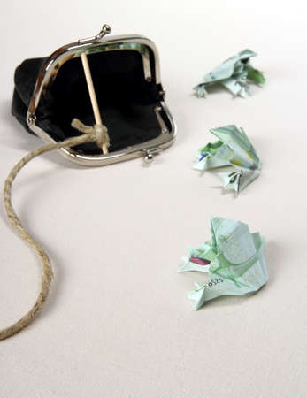 Three toads from one hundred euro banknotes catch with purse, soft focusの写真素材