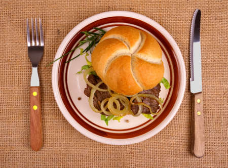 Grilled beef with onion rings in bun, top view