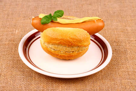 German sausage with bun, mustard and basil on white plateの写真素材