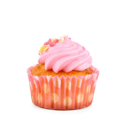 Pink strawberry cup cakes with deco balls, isolatedの写真素材
