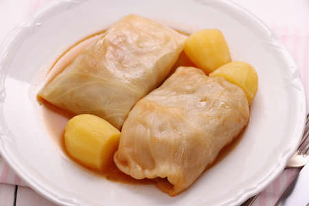 Cabbage rolls with potato and sauce, close upの写真素材