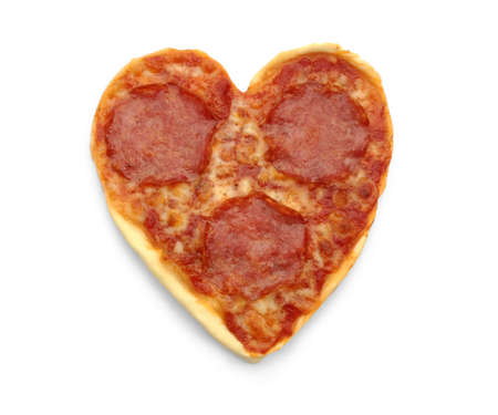 Salami Pizza in heart shape on white backgroundの写真素材