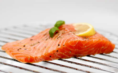 Marinated salmon fillet with lemon on grill, soft focus, horizontalの写真素材