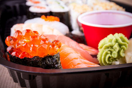 Selective focus of salmon caviar ikura sushi closeupの写真素材