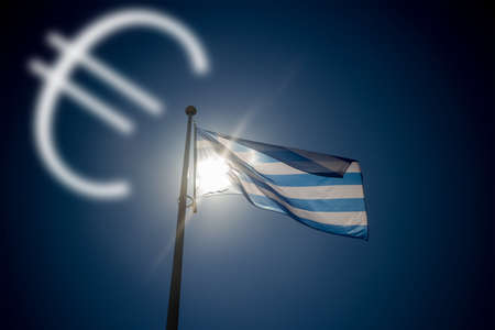 Falling euro, greek flag waving before sun on blue sky, illustrationの写真素材