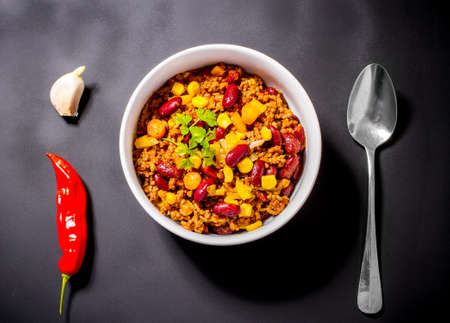 Chili con Carne on black, on black, top viewの写真素材