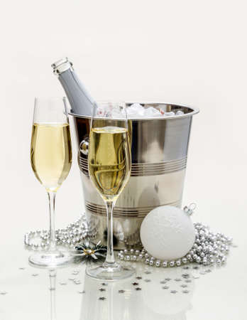 Two champagne glasses, cooler and gift, stylish tintedの写真素材
