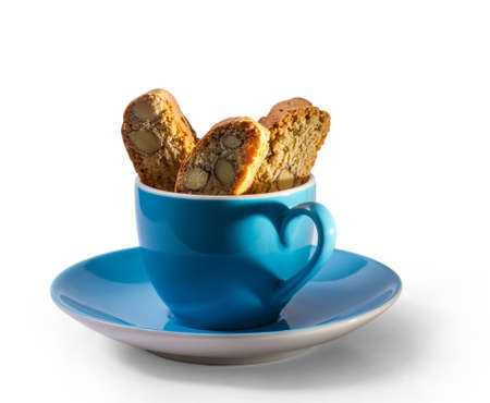 Eespresso and cantuccini with shadow in heart shape, isolatedの写真素材