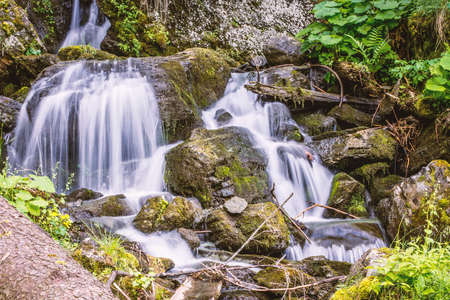 Forest stream running over rocks, as small waterfall