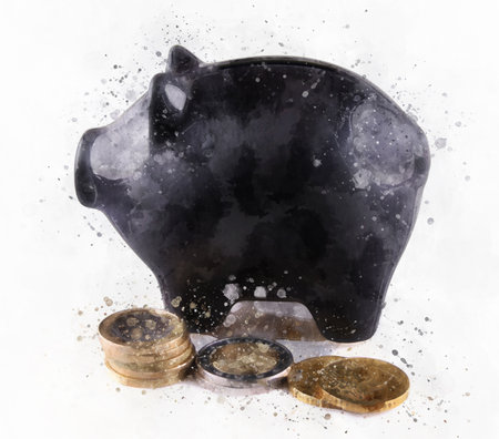 Black piggy bank with euro coins on white backgroundの写真素材