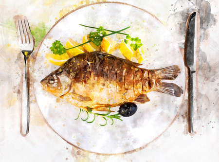 Fried fish on white plate with fork and knife, illustrationの写真素材