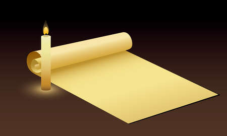 Old antique paper manuscript with candle on brown background. Vectorのイラスト素材