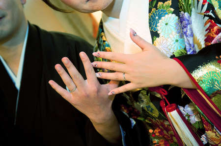 Wedding ring up of groom bride, the unveiling of the ring of at your state in which the Harebare it melts also tension of Shinto-style weddings sceneの写真素材