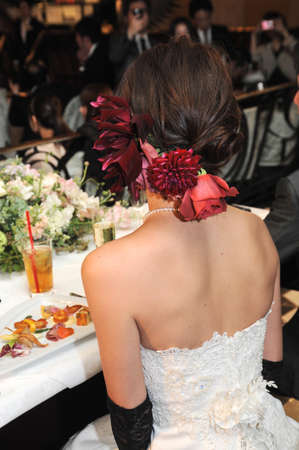 Wedding reception, exactly climax full of the venue now, the bride of back style is ornate representationの写真素材