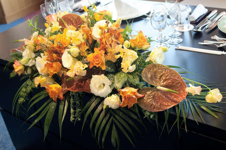 Graceful flowers adorn the terraced of wedding peopleの写真素材