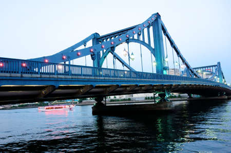 According to the canal, Blue retro iron bridge, overpassの写真素材