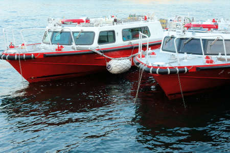 Fireboat, Fire boats that are moored along the Gulfの写真素材
