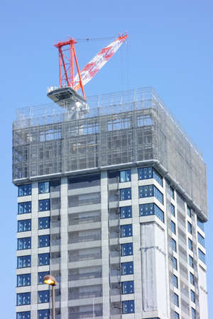 You can see the construction of a building in Tokyo and the pattern of a large crane.