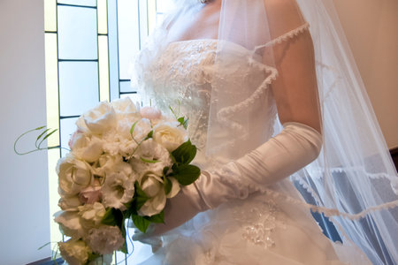 Bridal image, wedding dress beautiful bride with wedding bouquetの写真素材