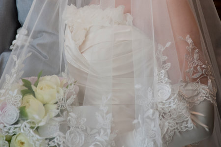 Bridal image, wedding dress beautiful bride with wedding bouquetの写真素材