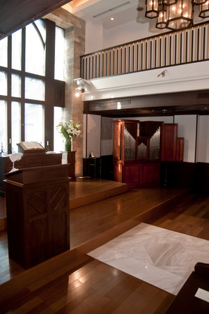 The solemn look of the modern interior of the chapelの写真素材