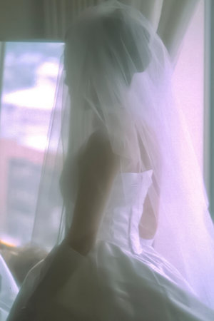 Bridal image, wedding dress beautiful bride with wedding bouquetの写真素材