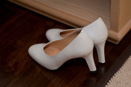 Bridal image, beautiful wedding white shoes for the brideの写真素材