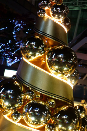 Close-up of Christmas decorations such as glittering ballsの写真素材