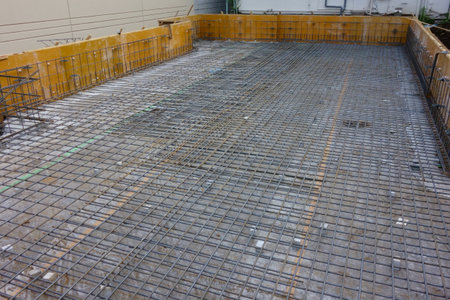 House construction site rebar combination, abstract background of concrete tiles