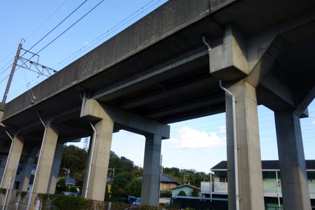 Elevated railroads and sturdy piers support safe operationの写真素材