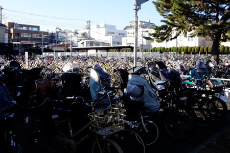 The congestion situation at the public paid bicycle parking lot developed and installed in front of the stationの写真素材