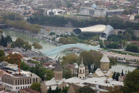 November 6, 2023, Tbilisi, Georgia, trendy symbol landmark, beautiful transformed green Peace Bridge