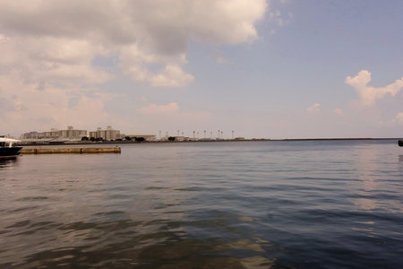 Cumulonimbus clouds, Yokosuka New Port in midsummer, a relaxing port scene around noonの写真素材