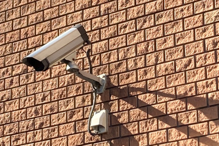Street surveillance camera attached to the exterior wall of an apartment building