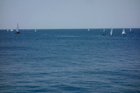 A distant view of the ocean from Hayama Marina under the scorching sun of midsummer in Augustの写真素材