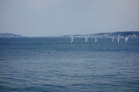 A distant view of the ocean from Hayama Marina under the sun of midsummer in Augustの写真素材
