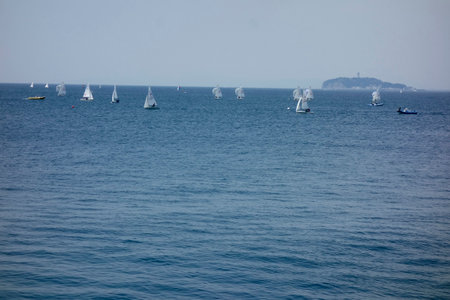 A distant view of the ocean from Hayama Marina under the sun of midsummer in Augustの写真素材