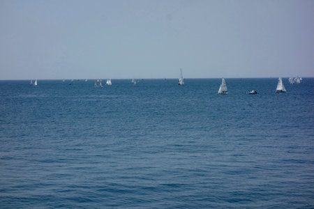A distant view of the ocean from Hayama Marina under the scorching sun of midsummer in Augustの写真素材