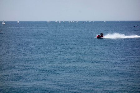 A distant view of the ocean from Hayama Marina under the scorching sun of midsummer in Augustの写真素材